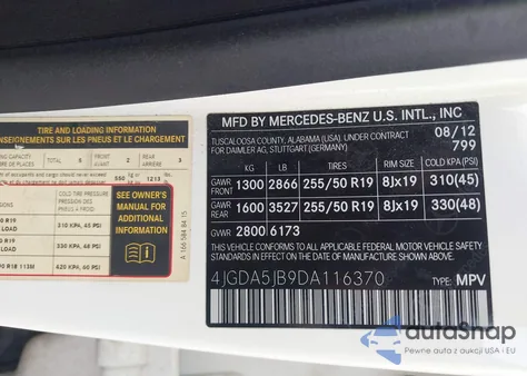 2013 Mercedes-Benz Ml 350 из США, поврежденный, VIN 4JGDA5JB9DA116370